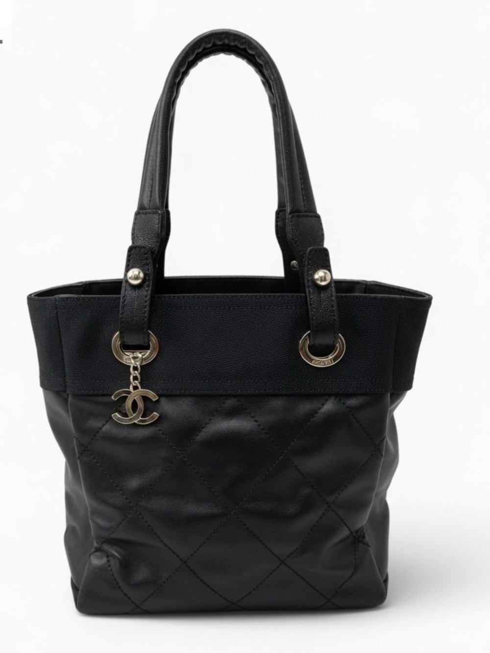 CHANEL Paris Biarritz PM PVC Canvas Leather Tote bag black
